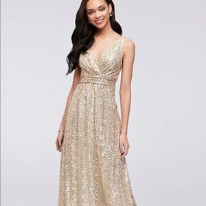 David’s Bridal Gold Sequin V-Neck Dress